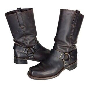 Vintage 80s FRYE Leather Harness Square Toe Moto Cowboy Boot Men's Size 10 Brown